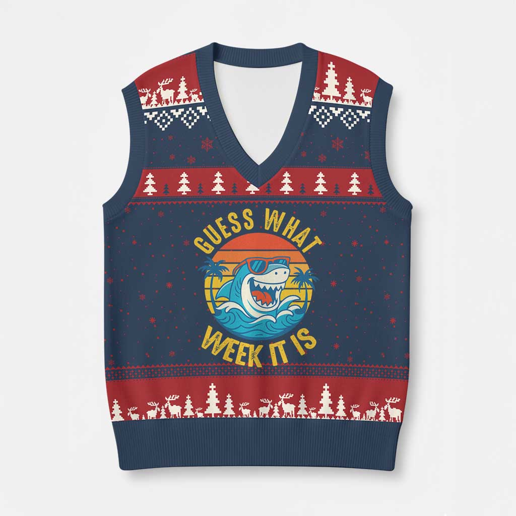 Funny Shark Lover Week V-Neck Knit Sweater Vest Guess What Week It Is Ocean Wildlife Retro Sunset TS02 Navy Red Print Your Wear