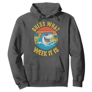 Funny Shark Lover Week Hoodie Guess What Week It Is Ocean Wildlife Retro Sunset TS02 Dark Heather Print Your Wear