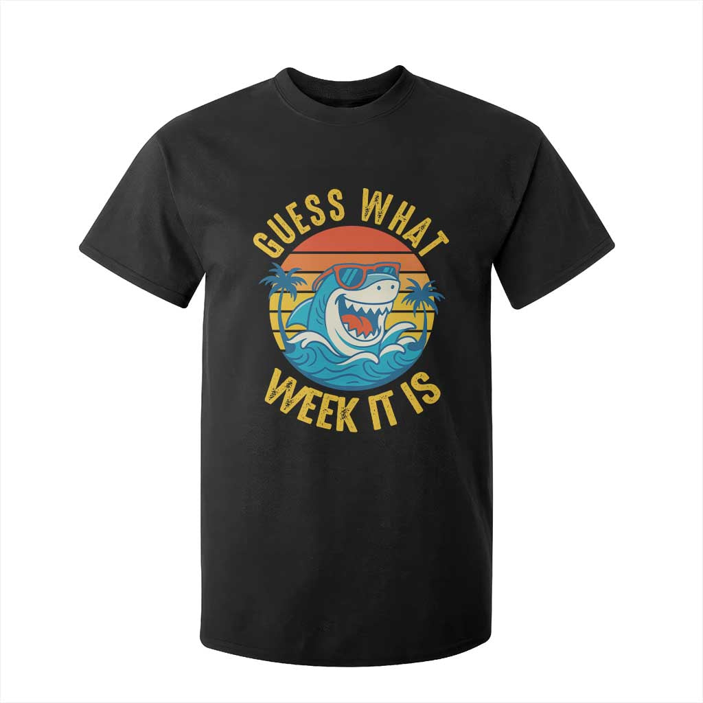 Funny Shark Lover Week T Shirt For Kid Guess What Week It Is Ocean Wildlife Retro Sunset TS02 Black Print Your Wear