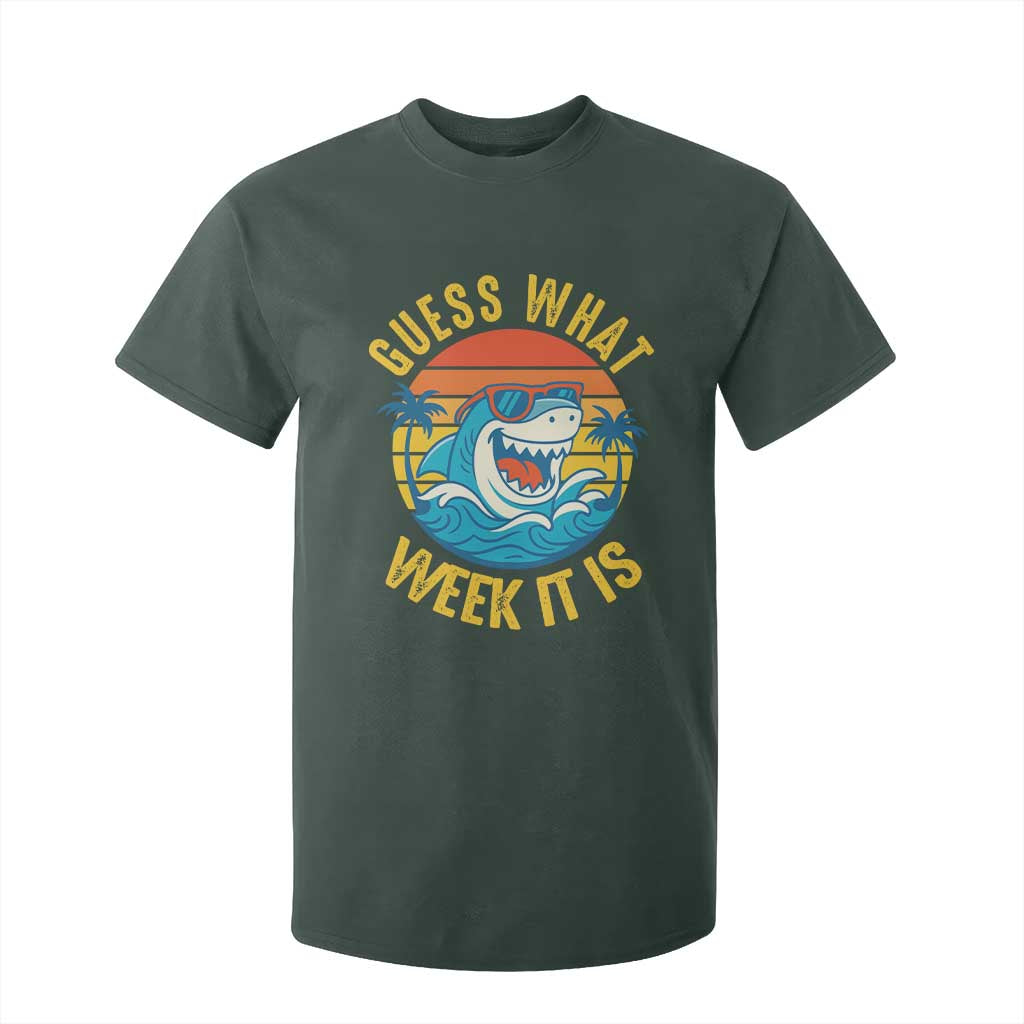 Funny Shark Lover Week T Shirt For Kid Guess What Week It Is Ocean Wildlife Retro Sunset TS02 Dark Forest Green Print Your Wear