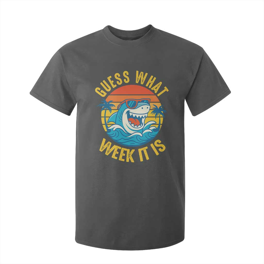 Funny Shark Lover Week T Shirt For Kid Guess What Week It Is Ocean Wildlife Retro Sunset TS02 Dark Heather Print Your Wear