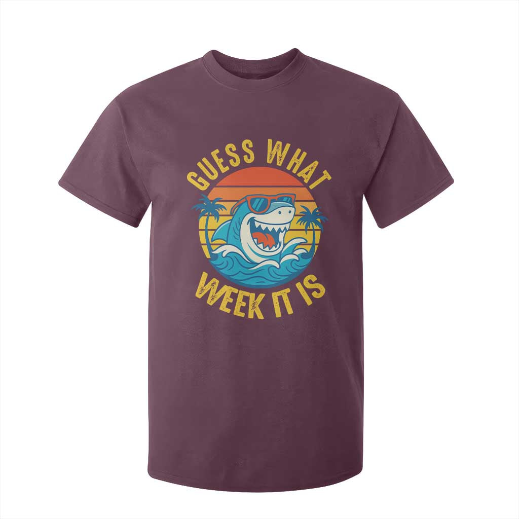Funny Shark Lover Week T Shirt For Kid Guess What Week It Is Ocean Wildlife Retro Sunset TS02 Maroon Print Your Wear