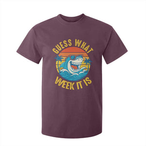 Funny Shark Lover Week T Shirt For Kid Guess What Week It Is Ocean Wildlife Retro Sunset TS02 Maroon Print Your Wear