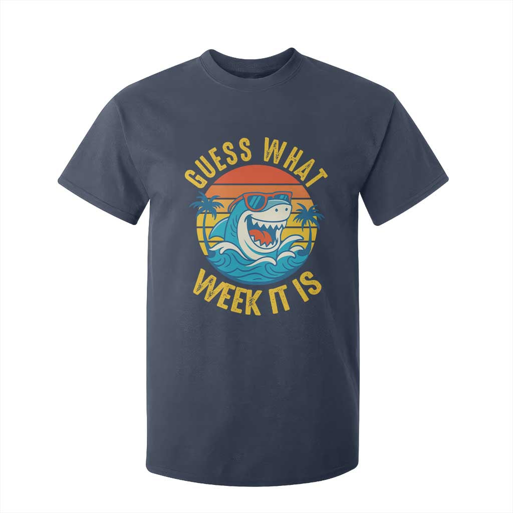 Funny Shark Lover Week T Shirt For Kid Guess What Week It Is Ocean Wildlife Retro Sunset TS02 Navy Print Your Wear