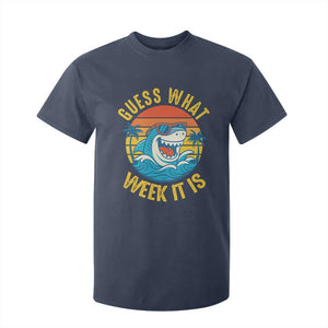 Funny Shark Lover Week T Shirt For Kid Guess What Week It Is Ocean Wildlife Retro Sunset TS02 Navy Print Your Wear