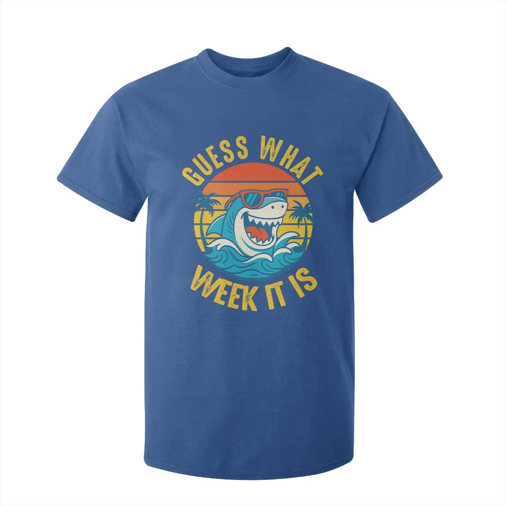 Funny Shark Lover Week T Shirt For Kid Guess What Week It Is Ocean Wildlife Retro Sunset TS02 Royal Blue Print Your Wear