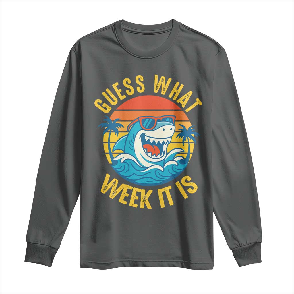 Funny Shark Lover Week Long Sleeve Shirt Guess What Week It Is Ocean Wildlife Retro Sunset TS02 Dark Heather Print Your Wear