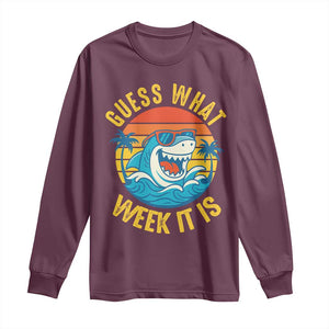 Funny Shark Lover Week Long Sleeve Shirt Guess What Week It Is Ocean Wildlife Retro Sunset TS02 Maroon Print Your Wear