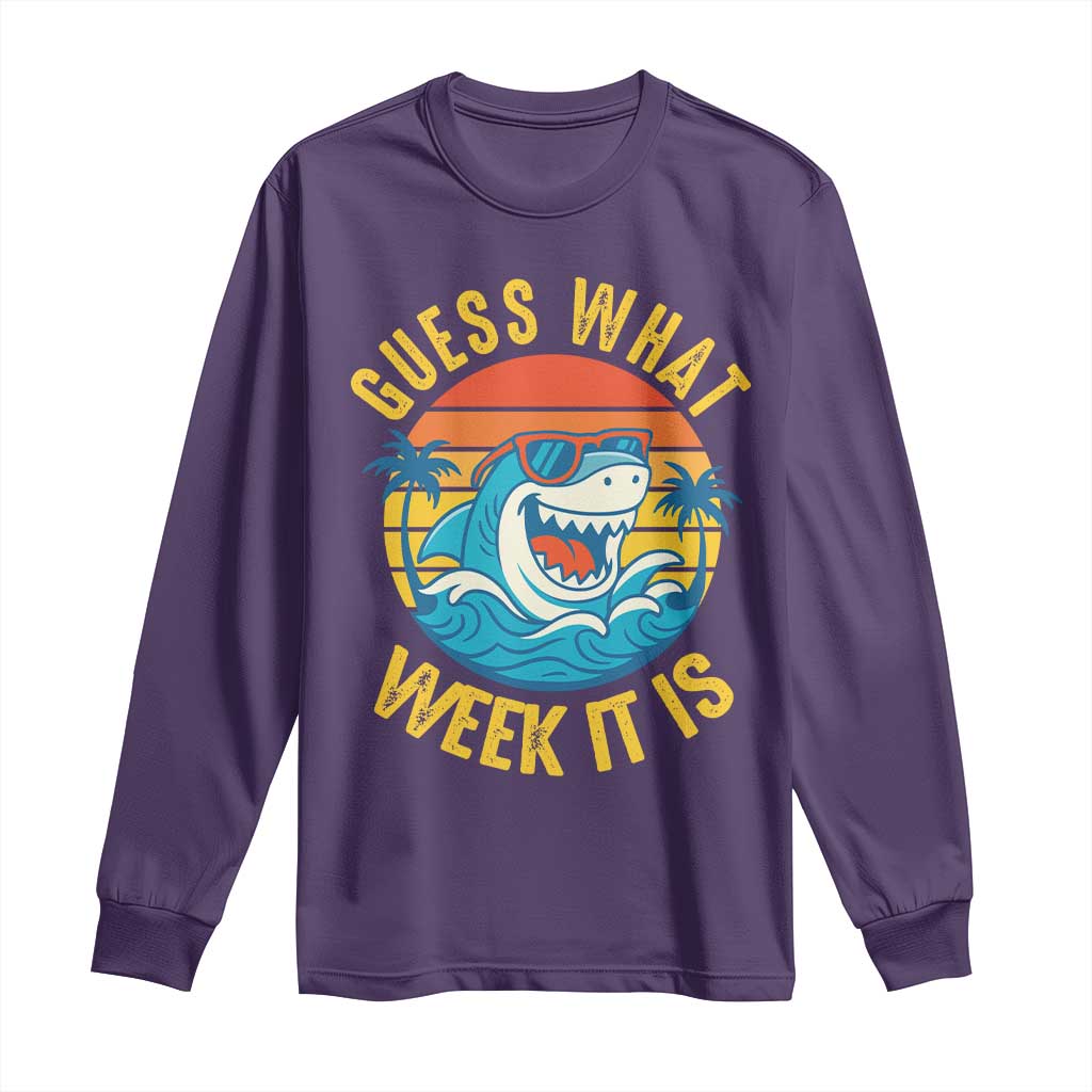 Funny Shark Lover Week Long Sleeve Shirt Guess What Week It Is Ocean Wildlife Retro Sunset TS02 Purple Print Your Wear