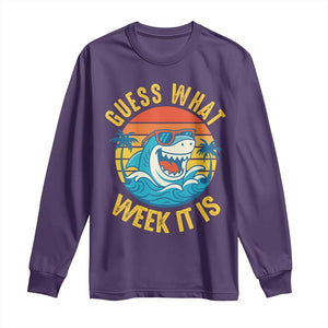 Funny Shark Lover Week Long Sleeve Shirt Guess What Week It Is Ocean Wildlife Retro Sunset TS02 Purple Print Your Wear