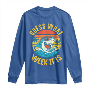 Funny Shark Lover Week Long Sleeve Shirt Guess What Week It Is Ocean Wildlife Retro Sunset TS02 Royal Blue Print Your Wear
