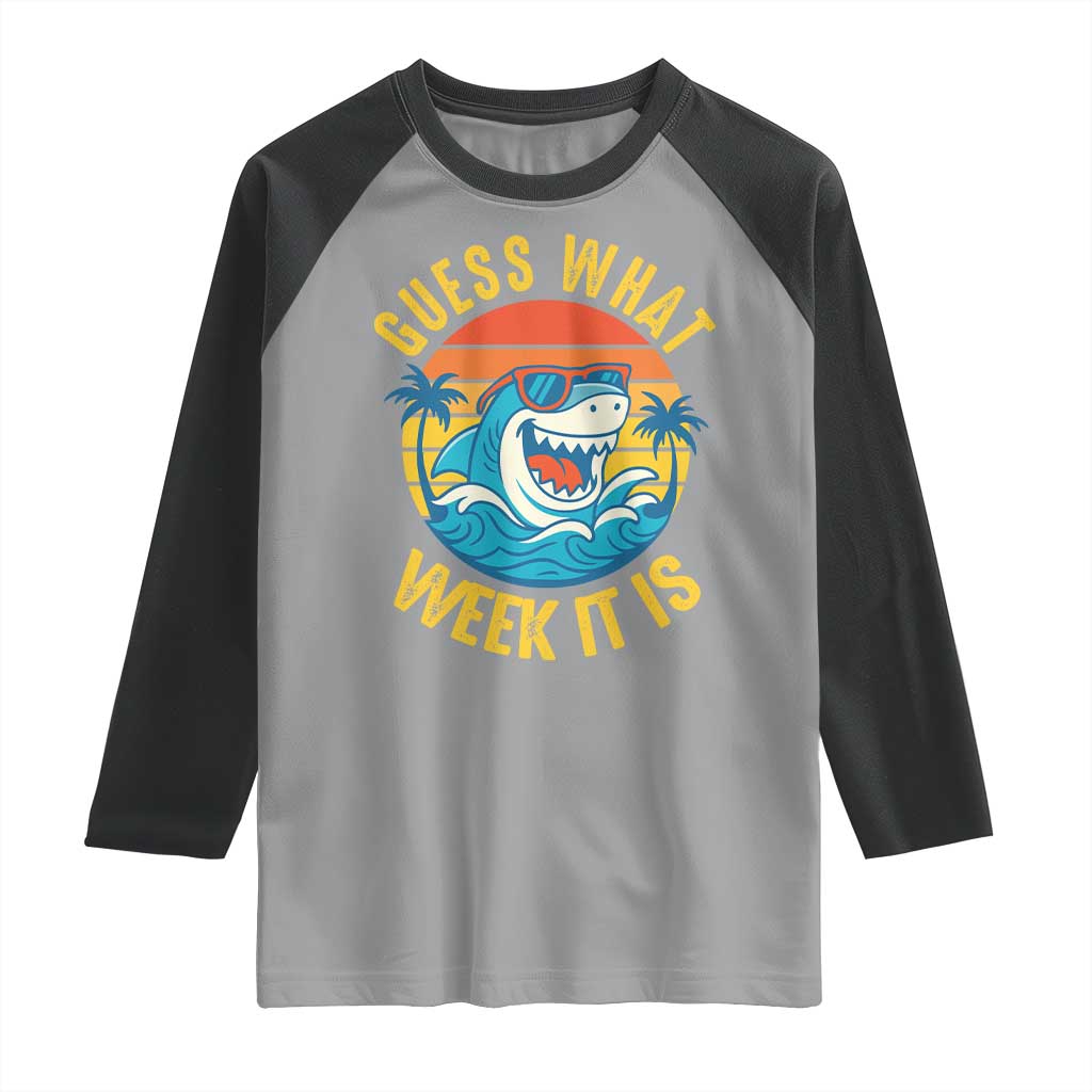 Funny Shark Lover Week Raglan Shirt Guess What Week It Is Ocean Wildlife Retro Sunset TS02 Sport Gray Black Print Your Wear