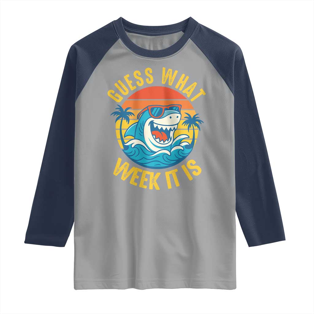 Funny Shark Lover Week Raglan Shirt Guess What Week It Is Ocean Wildlife Retro Sunset TS02 Sport Gray Navy Print Your Wear