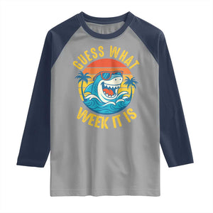 Funny Shark Lover Week Raglan Shirt Guess What Week It Is Ocean Wildlife Retro Sunset TS02 Sport Gray Navy Print Your Wear