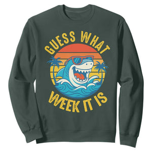 Funny Shark Lover Week Sweatshirt Guess What Week It Is Ocean Wildlife Retro Sunset TS02 Dark Forest Green Print Your Wear