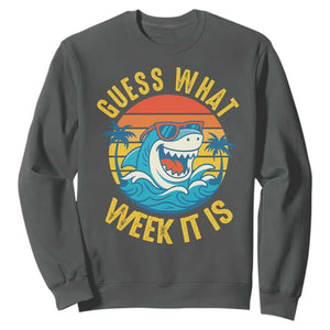 Funny Shark Lover Week Sweatshirt Guess What Week It Is Ocean Wildlife Retro Sunset TS02 Dark Heather Print Your Wear
