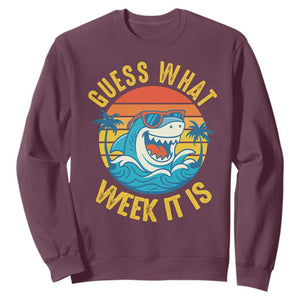 Funny Shark Lover Week Sweatshirt Guess What Week It Is Ocean Wildlife Retro Sunset TS02 Maroon Print Your Wear
