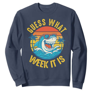 Funny Shark Lover Week Sweatshirt Guess What Week It Is Ocean Wildlife Retro Sunset TS02 Navy Print Your Wear