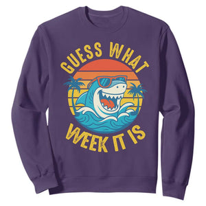 Funny Shark Lover Week Sweatshirt Guess What Week It Is Ocean Wildlife Retro Sunset TS02 Purple Print Your Wear