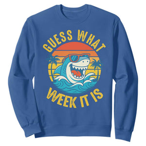 Funny Shark Lover Week Sweatshirt Guess What Week It Is Ocean Wildlife Retro Sunset TS02 Royal Blue Print Your Wear