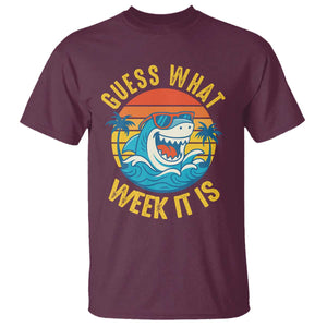 Funny Shark Lover Week T Shirt Guess What Week It Is Ocean Wildlife Retro Sunset TS02 Maroon Print Your Wear