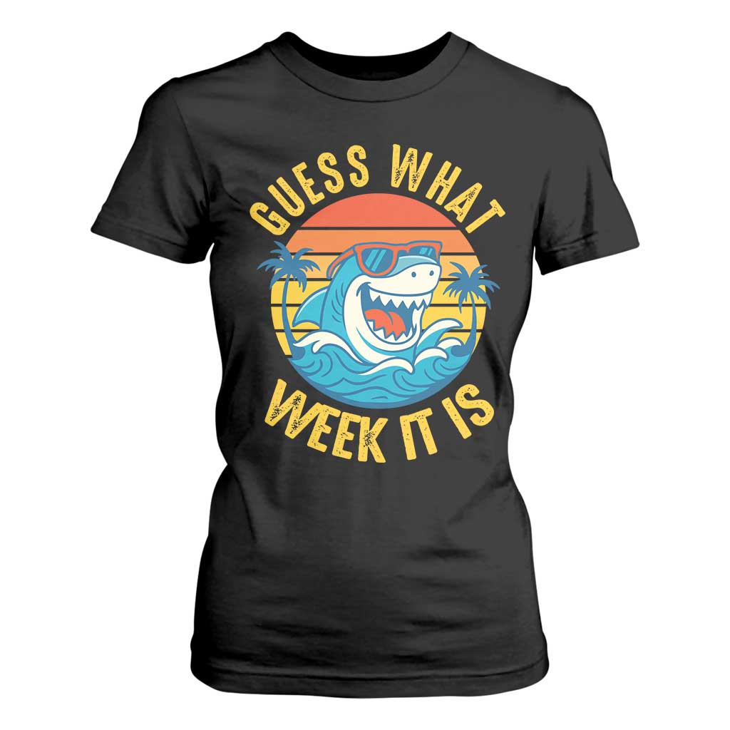 Funny Shark Lover Week T Shirt For Women Guess What Week It Is Ocean Wildlife Retro Sunset TS02 Black Print Your Wear
