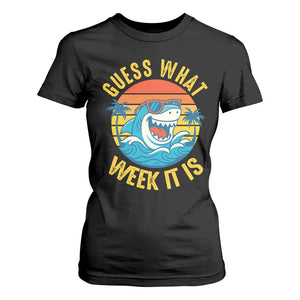 Funny Shark Lover Week T Shirt For Women Guess What Week It Is Ocean Wildlife Retro Sunset TS02 Black Print Your Wear