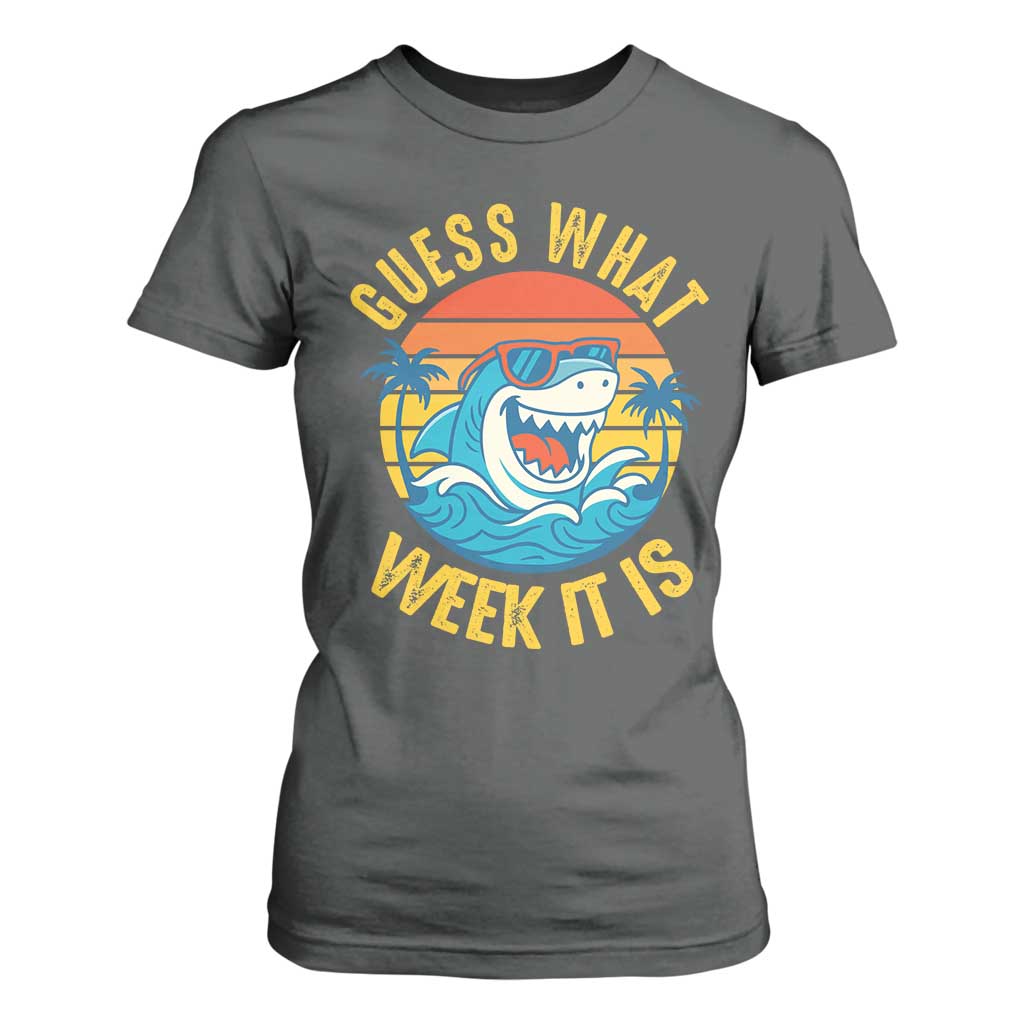 Funny Shark Lover Week T Shirt For Women Guess What Week It Is Ocean Wildlife Retro Sunset TS02 Dark Heather Print Your Wear
