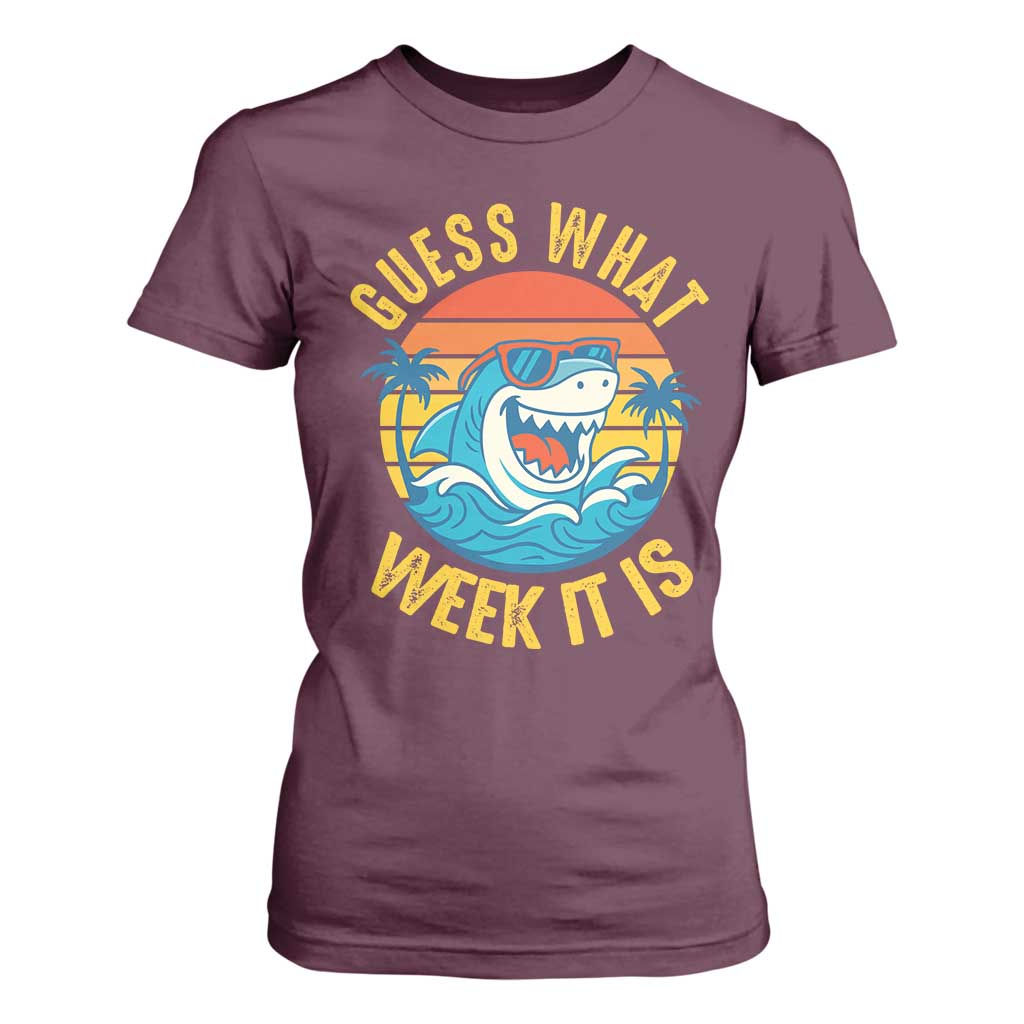 Funny Shark Lover Week T Shirt For Women Guess What Week It Is Ocean Wildlife Retro Sunset TS02 Maroon Print Your Wear