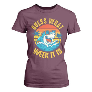 Funny Shark Lover Week T Shirt For Women Guess What Week It Is Ocean Wildlife Retro Sunset TS02 Maroon Print Your Wear