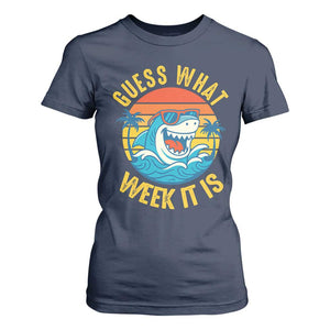 Funny Shark Lover Week T Shirt For Women Guess What Week It Is Ocean Wildlife Retro Sunset TS02 Navy Print Your Wear