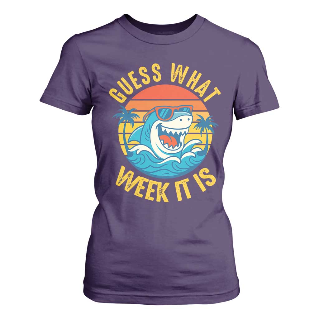 Funny Shark Lover Week T Shirt For Women Guess What Week It Is Ocean Wildlife Retro Sunset TS02 Purple Print Your Wear