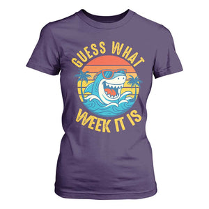 Funny Shark Lover Week T Shirt For Women Guess What Week It Is Ocean Wildlife Retro Sunset TS02 Purple Print Your Wear