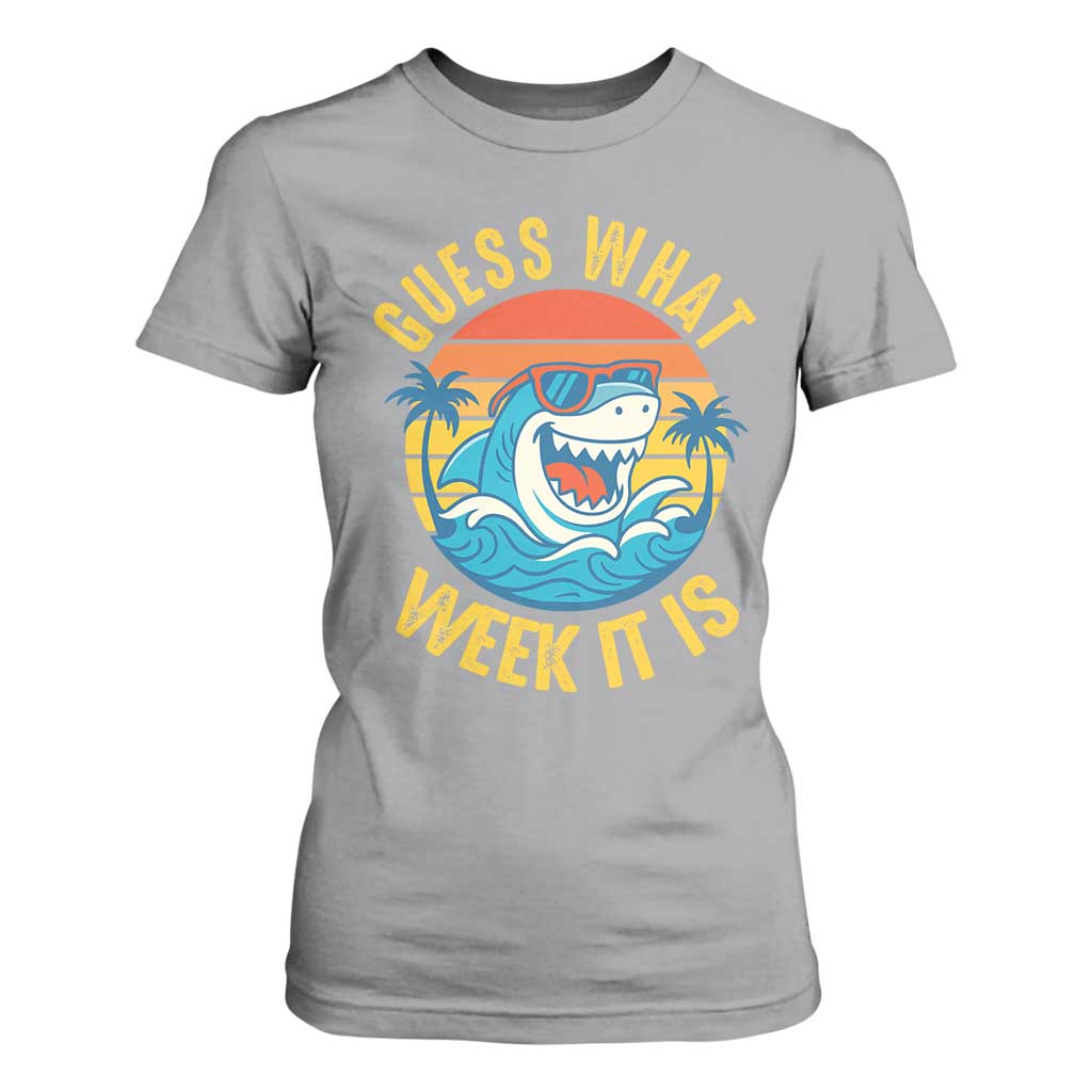Funny Shark Lover Week T Shirt For Women Guess What Week It Is Ocean Wildlife Retro Sunset TS02 Sport Gray Print Your Wear