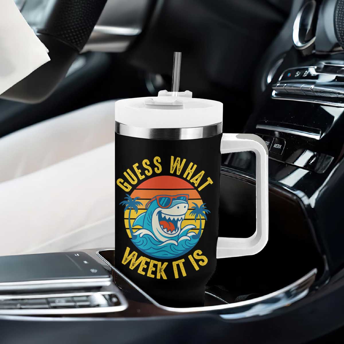 Funny Shark Lover Week Tumbler With Handle Guess What Week It Is Ocean Wildlife Retro Sunset TS02 Print Your Wear