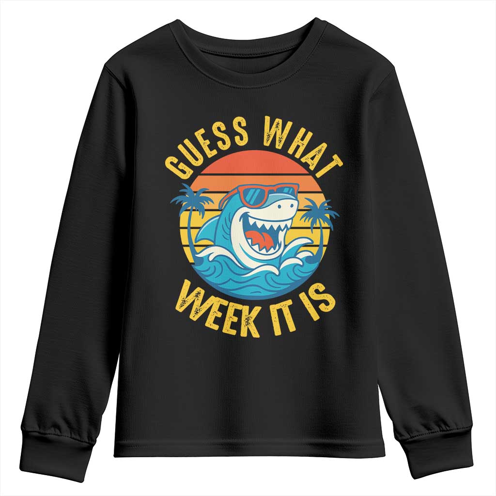 Funny Shark Lover Week Youth Sweatshirt Guess What Week It Is Ocean Wildlife Retro Sunset TS02 Black Print Your Wear