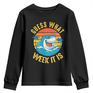 Funny Shark Lover Week Youth Sweatshirt Guess What Week It Is Ocean Wildlife Retro Sunset TS02 Black Print Your Wear