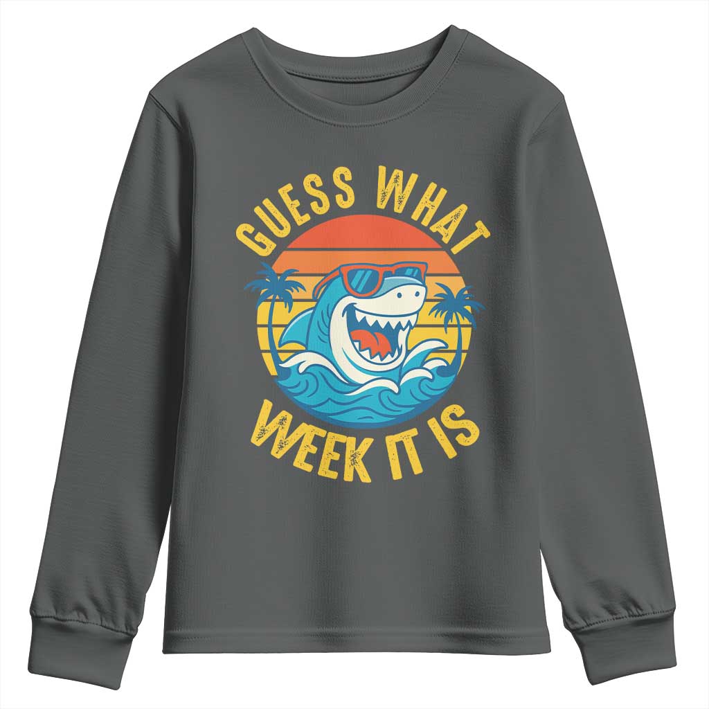 Funny Shark Lover Week Youth Sweatshirt Guess What Week It Is Ocean Wildlife Retro Sunset TS02 Dark Heather Print Your Wear