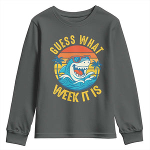 Funny Shark Lover Week Youth Sweatshirt Guess What Week It Is Ocean Wildlife Retro Sunset TS02 Dark Heather Print Your Wear