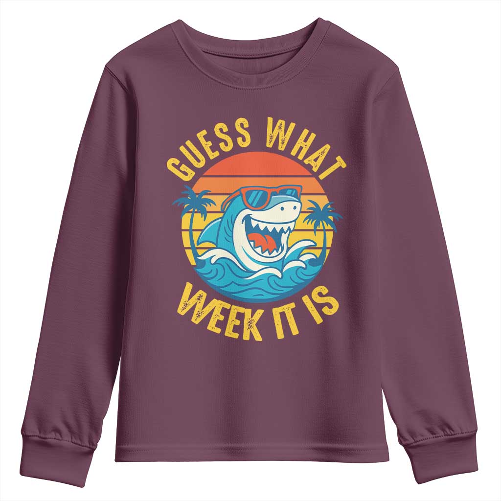 Funny Shark Lover Week Youth Sweatshirt Guess What Week It Is Ocean Wildlife Retro Sunset TS02 Maroon Print Your Wear