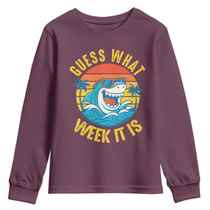 Funny Shark Lover Week Youth Sweatshirt Guess What Week It Is Ocean Wildlife Retro Sunset TS02 Maroon Print Your Wear