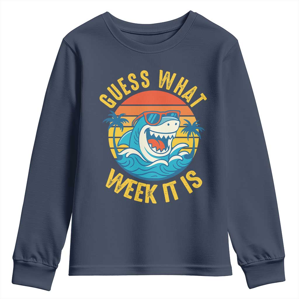 Funny Shark Lover Week Youth Sweatshirt Guess What Week It Is Ocean Wildlife Retro Sunset TS02 Navy Print Your Wear