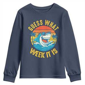 Funny Shark Lover Week Youth Sweatshirt Guess What Week It Is Ocean Wildlife Retro Sunset TS02 Navy Print Your Wear