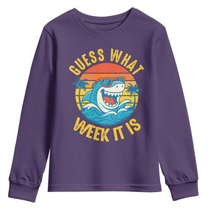 Funny Shark Lover Week Youth Sweatshirt Guess What Week It Is Ocean Wildlife Retro Sunset TS02 Purple Print Your Wear