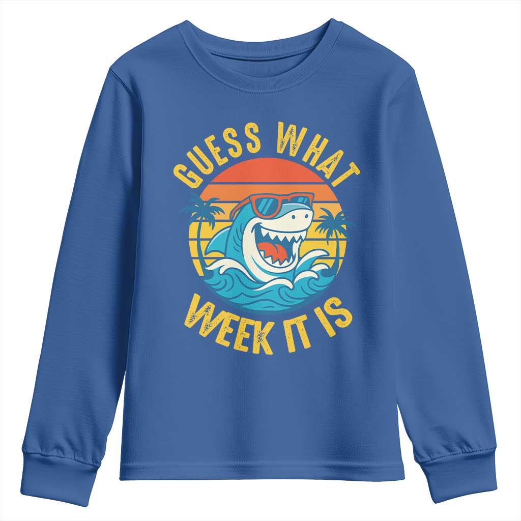 Funny Shark Lover Week Youth Sweatshirt Guess What Week It Is Ocean Wildlife Retro Sunset TS02 Royal Blue Print Your Wear