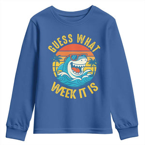 Funny Shark Lover Week Youth Sweatshirt Guess What Week It Is Ocean Wildlife Retro Sunset TS02 Royal Blue Print Your Wear