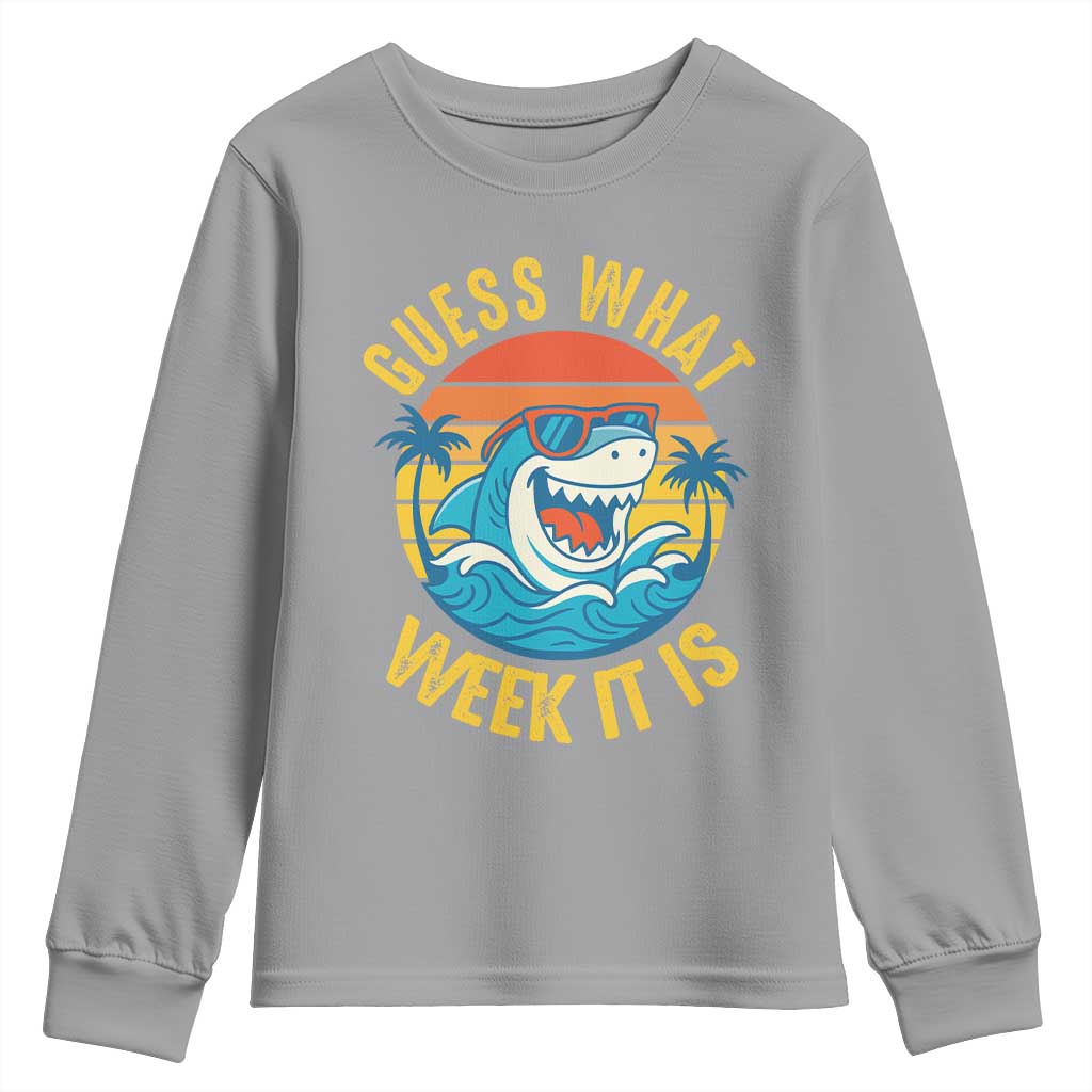 Funny Shark Lover Week Youth Sweatshirt Guess What Week It Is Ocean Wildlife Retro Sunset TS02 Sport Gray Print Your Wear