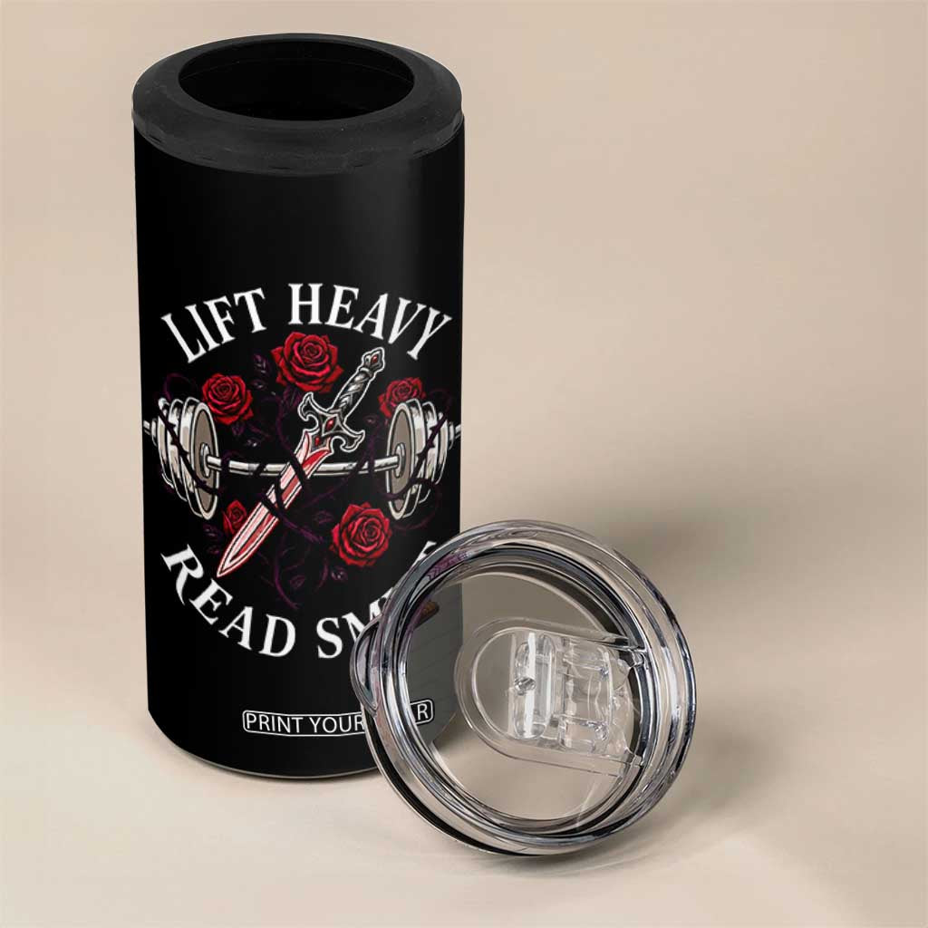Lift Heavy Read Smut Funny Bookish Fitness 4 in 1 Can Cooler Tumbler Vintage Gothic Dagger Roses Weightlifting Spicy Romance Book Lover