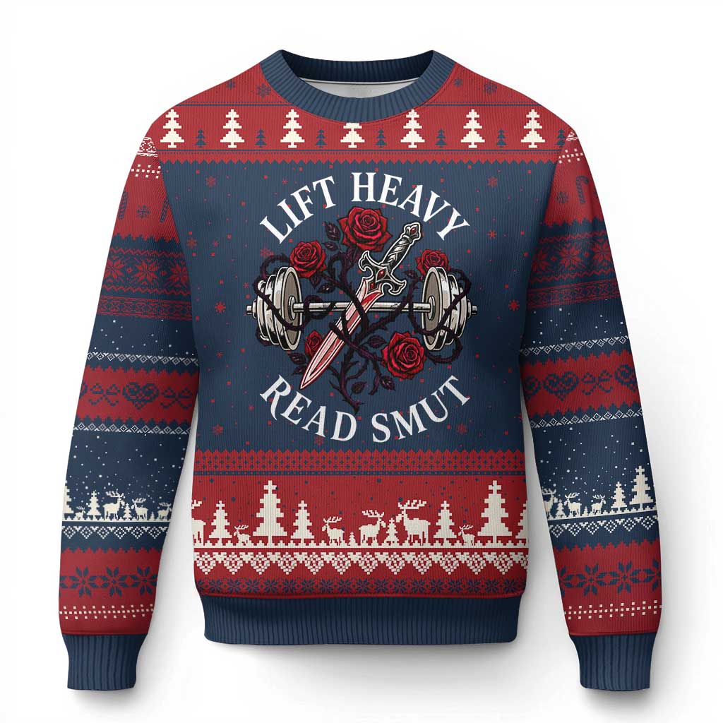 Lift Heavy Read Smut Funny Bookish Fitness Ugly Christmas Sweater Vintage Gothic Dagger Roses Weightlifting Spicy Romance Book Lover