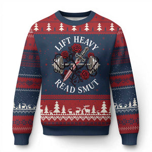 Lift Heavy Read Smut Funny Bookish Fitness Ugly Christmas Sweater Vintage Gothic Dagger Roses Weightlifting Spicy Romance Book Lover